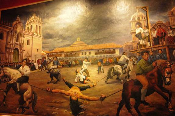 Representação bastante clara da morte por esquartejamento  do líder revolucionário Tupac Amaru, em museu de Cusco, no Peru